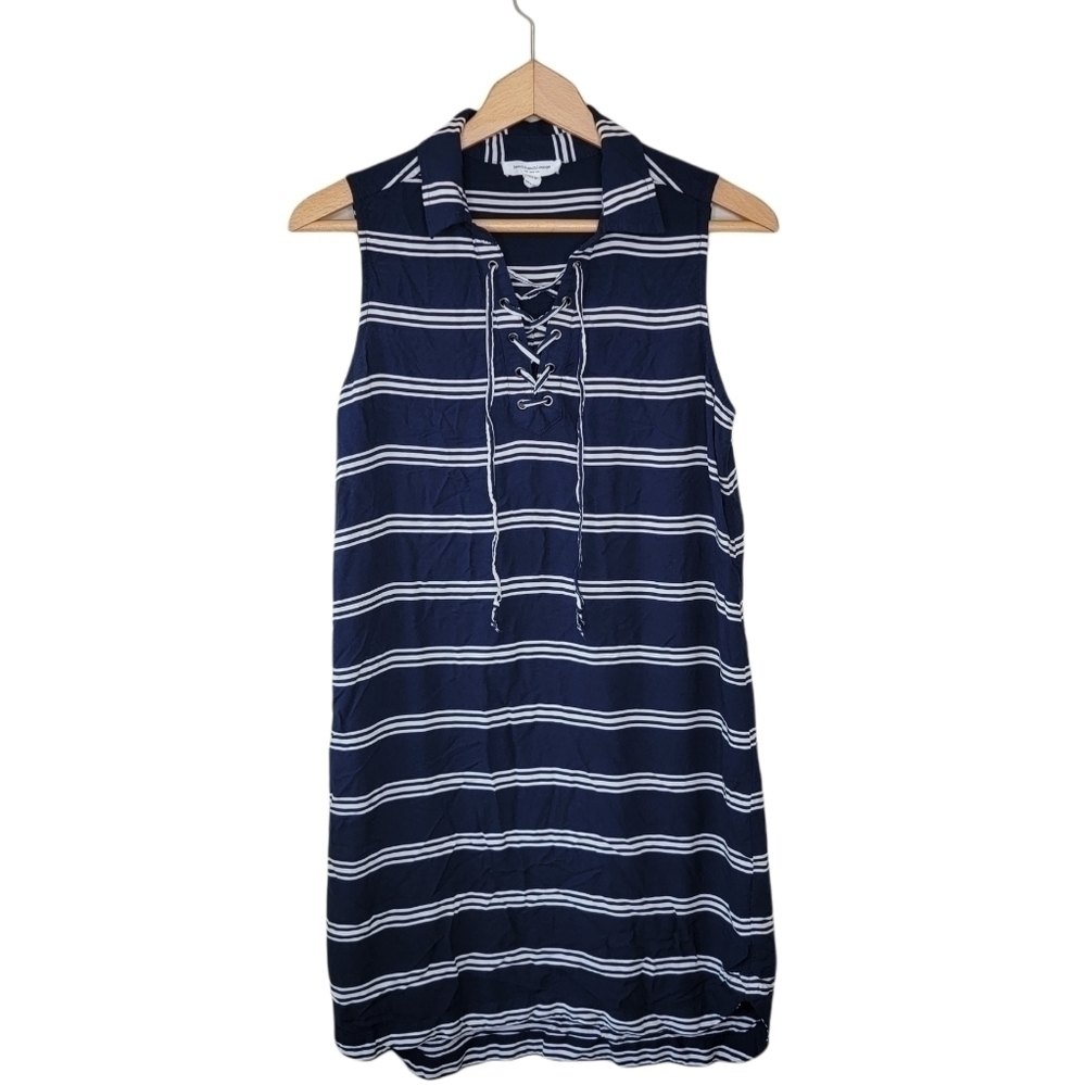 Beach Lunch Lounge Navy & White Striped Lace-up Neckline Dress